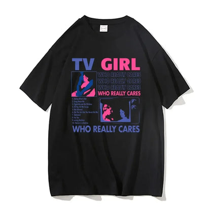 Black cotton short-sleeved trend tv girl t-shirt with lovers rock song hip hop oversized graphic print design