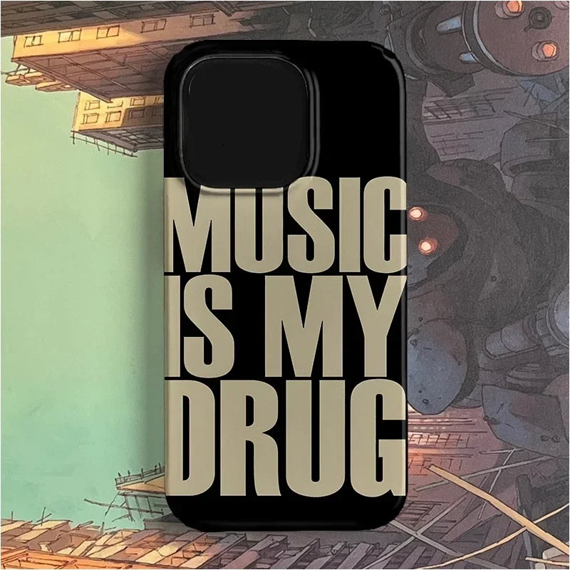Black phone case with bold beige music is my drug text on the back for a personalized creative music english phone case