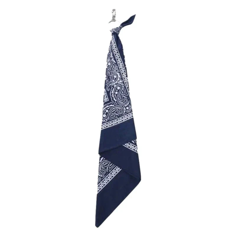 A navy blue paisley bandana hanging from a hook complements trendy cashew print pants chain hip hop style accessories