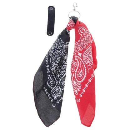 Red and black paisley bandana with white detailing attached to a key ring for a trendy cashew print hip hop style pants chain