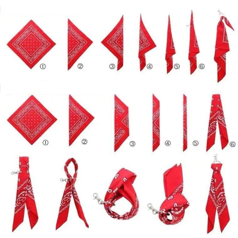 Red bandana with white paisley pattern used as a hip hop style pants chain in a trendy cashew print design