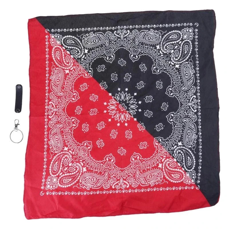 Vibrant red and black bandana with intricate white paisley patterns paired with a trendy cashew print hip hop style pants chain