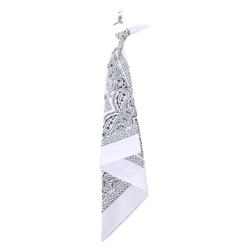 White bandana with black paisley pattern and silver clip as a trendy cashew print pants chain hip hop style accessory