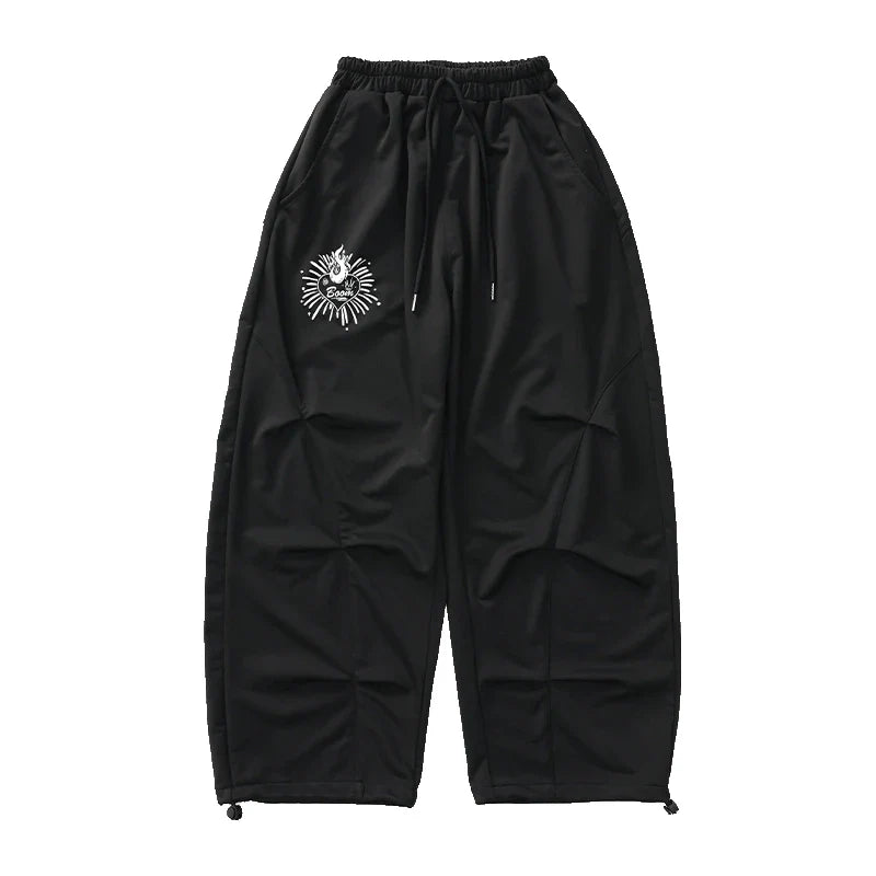 Black drawstring pants with white embroidered flame design for teenage child hiphop dance rapper clothes and hip hop costume
