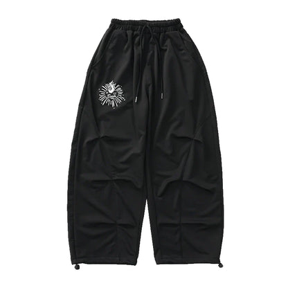 Black drawstring pants with white embroidered flame design for teenage child hiphop dance rapper clothes and hip hop costume