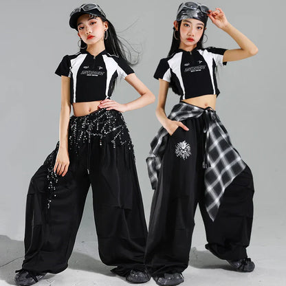 Black cropped top with white panels and silver logo detailing for teenage child hiphop dance rapper clothes hip hop costume