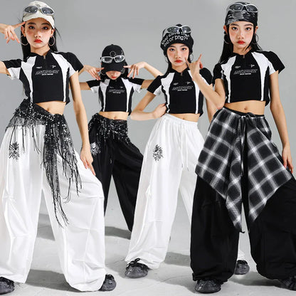 Black and white cropped tops with bold prints paired with wide-leg plaid pants for teenage child hiphop dance rapper clothes