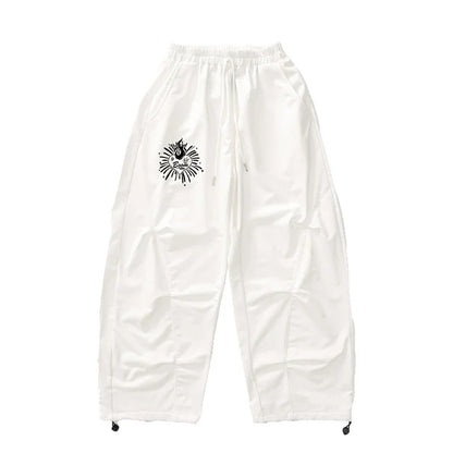 White drawstring pants with black graphic logo on left thigh for teenage child hiphop dance rapper clothes and hip hop costume