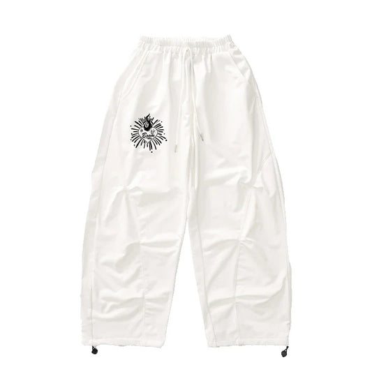 White drawstring pants with black graphic logo on left thigh for teenage child hiphop dance rapper clothes and hip hop costume