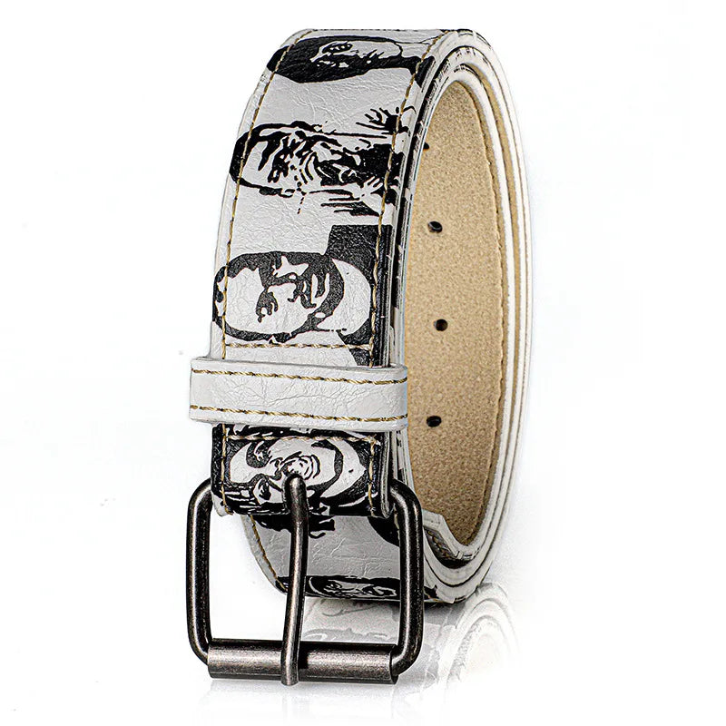 White leather rock rep persona pu street belt fashion versatile with black graphic prints and silver-toned buckle
