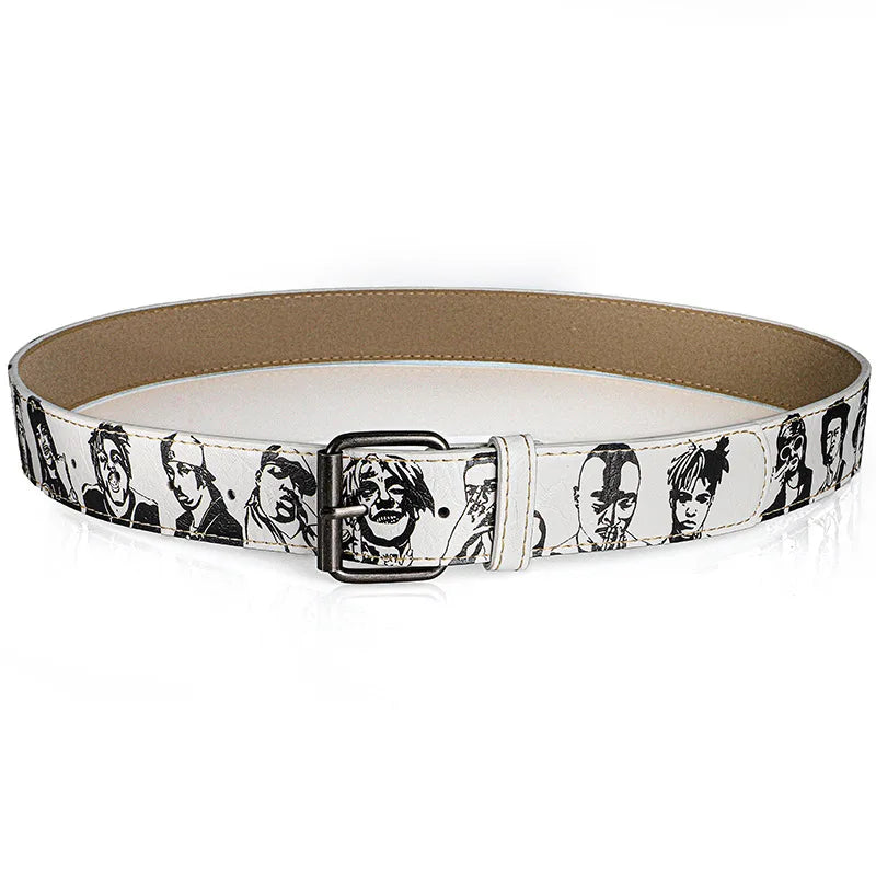 White leather rock rep persona pu street belt fashion versatile with black-and-white face print and silver buckle for casual wear