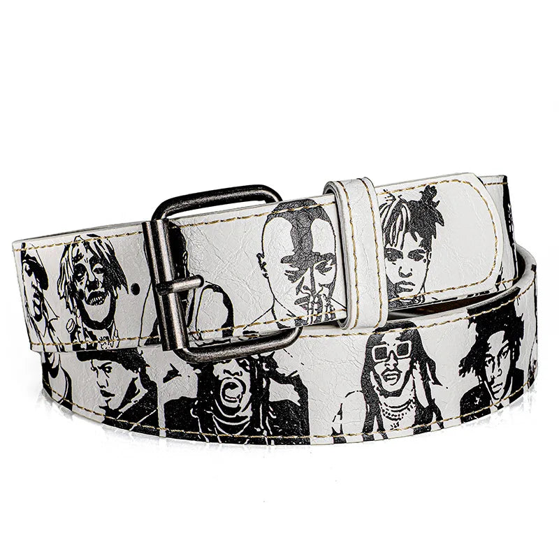 White leather belt with black ink-style face illustrations and matte black buckle for rock rep persona pu street fashion versatile use