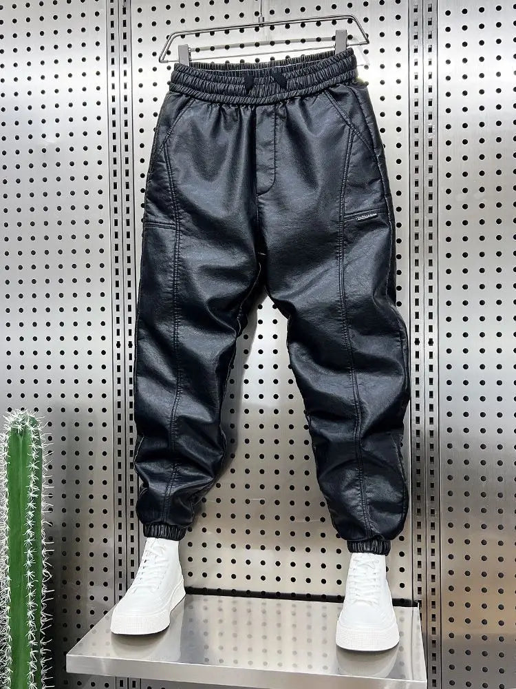 Black faux leather trendy motorcycle leather jogger pants with elastic waistband and drawstring for outdoor jogger sweatpants