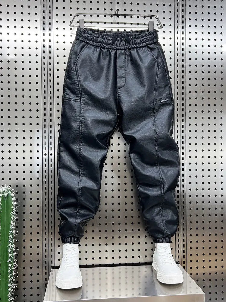 Black faux leather trendy motorcycle leather jogger pants with elastic waistband drawstring side pockets and ribbed cuffs