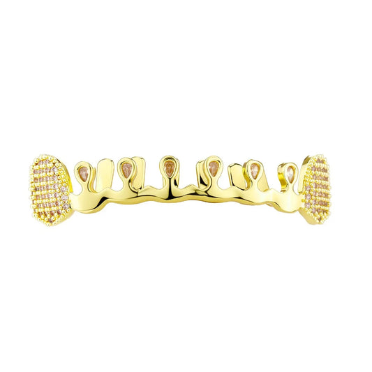 Gold-colored hiphop teeth grillz with dripping design and pink clear rhinestone tooth caps for punk bling style