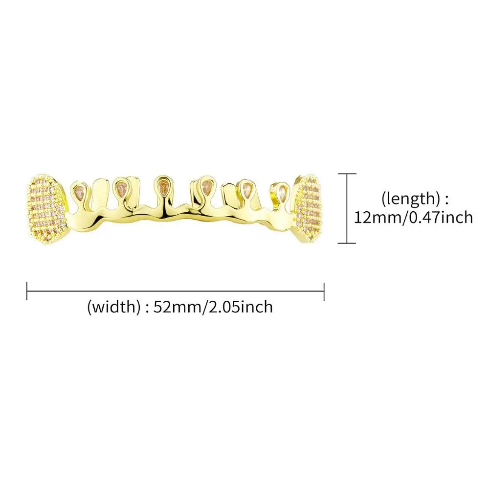 Gold-colored hiphop teeth grillz with diamond-encrusted rhinestone tooth caps and intricate grillz punk bling detailing