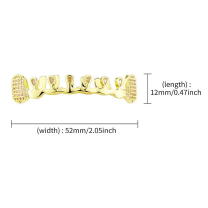 Gold-colored hiphop teeth grillz with diamond-encrusted rhinestone tooth caps and intricate grillz punk bling detailing