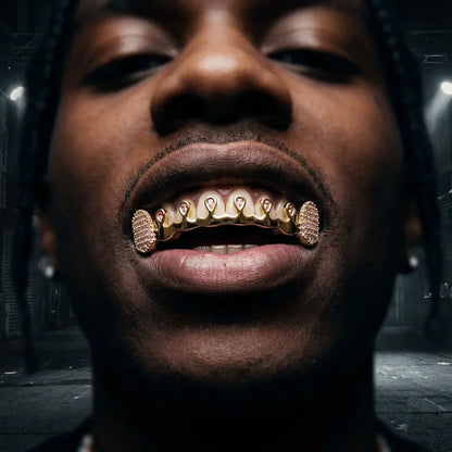 Gold-colored diamond-encrusted hiphop teeth grillz with shiny metallic finish rhinestone tooth caps for unisex use
