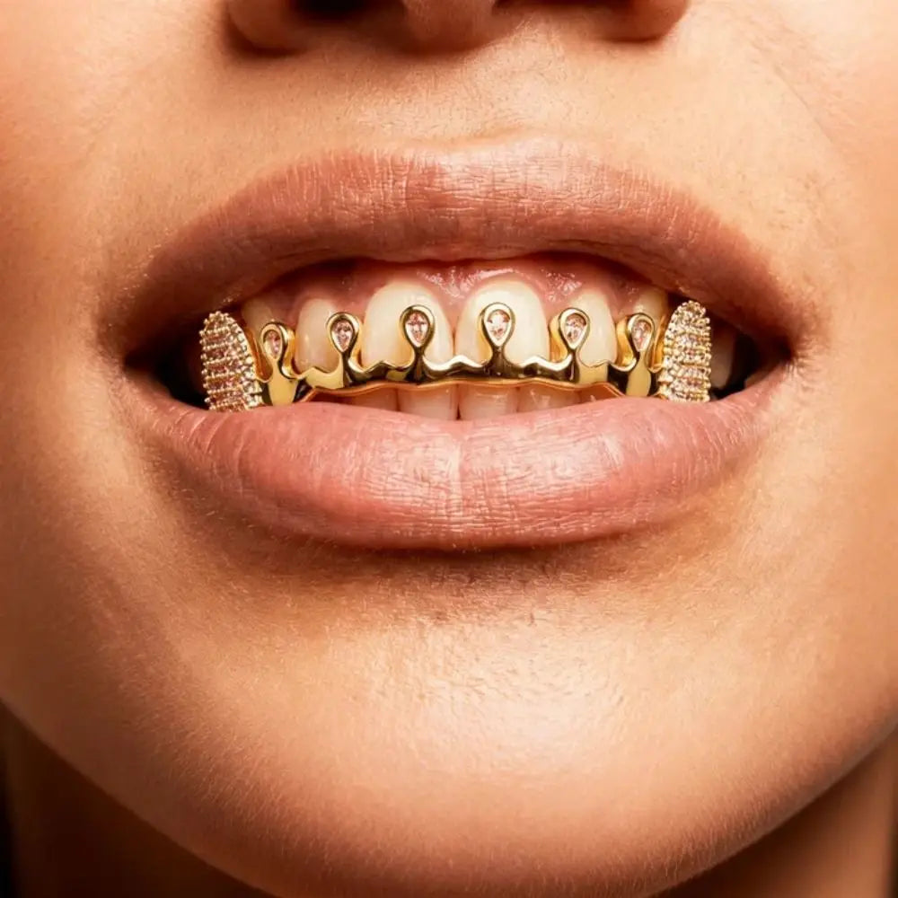 Gold-plated hiphop teeth grillz with sparkling diamond accents rhinestone tooth caps for trendy punk bling look