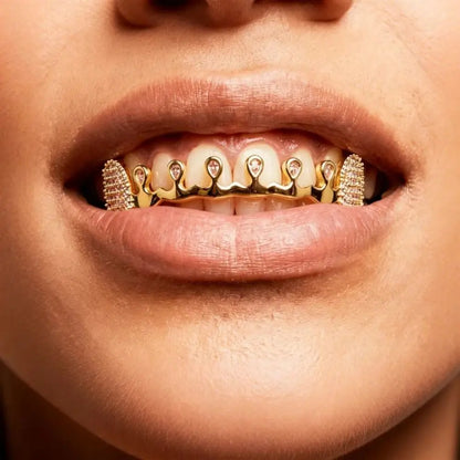 Gold-plated hiphop teeth grillz with sparkling diamond accents rhinestone tooth caps for trendy punk bling look