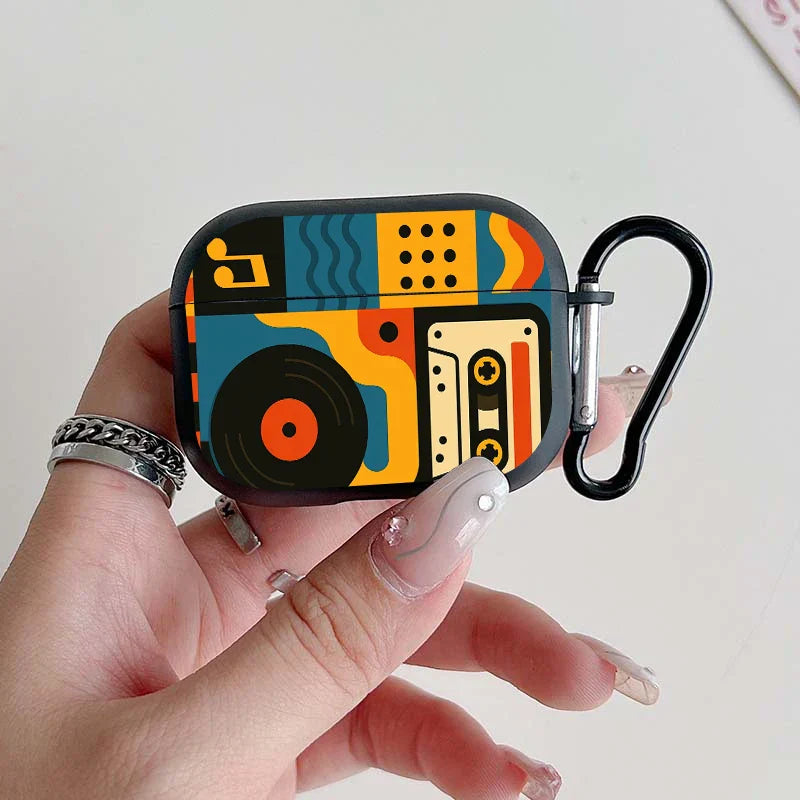 Trendy retro music pattern earbuds case for airpods pro with bold orange vinyl and cassette design tpu protective cover