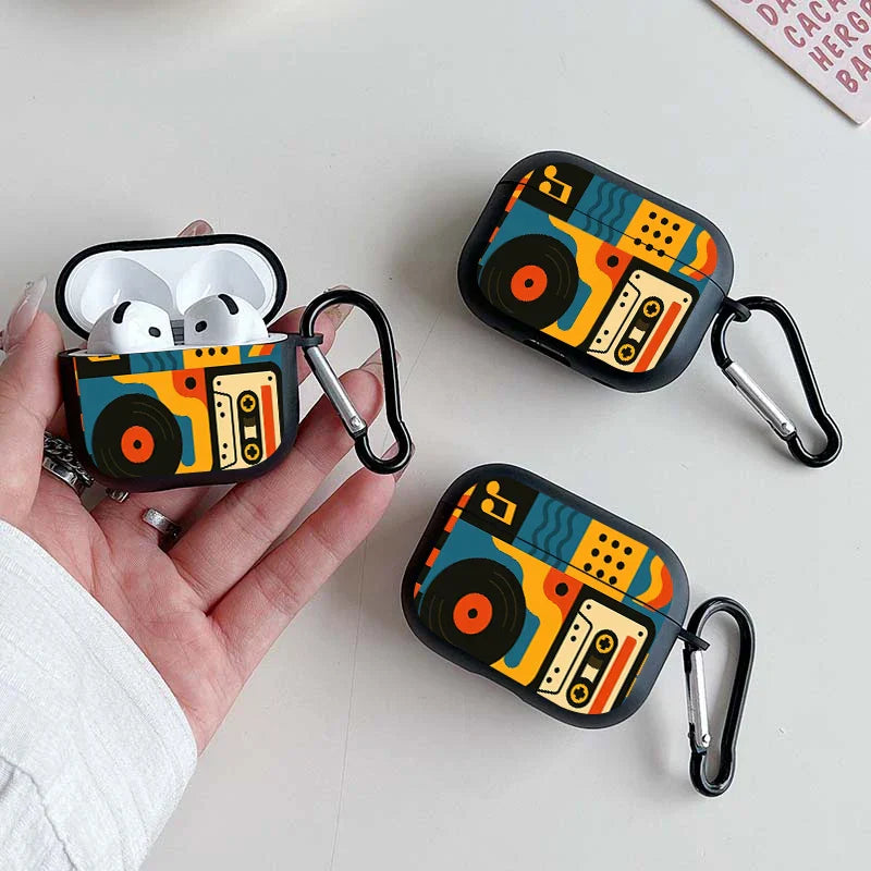 Trendy retro music pattern earbuds case for AirPods in vibrant silicone with pro TPU protective cover and black carabiner clip