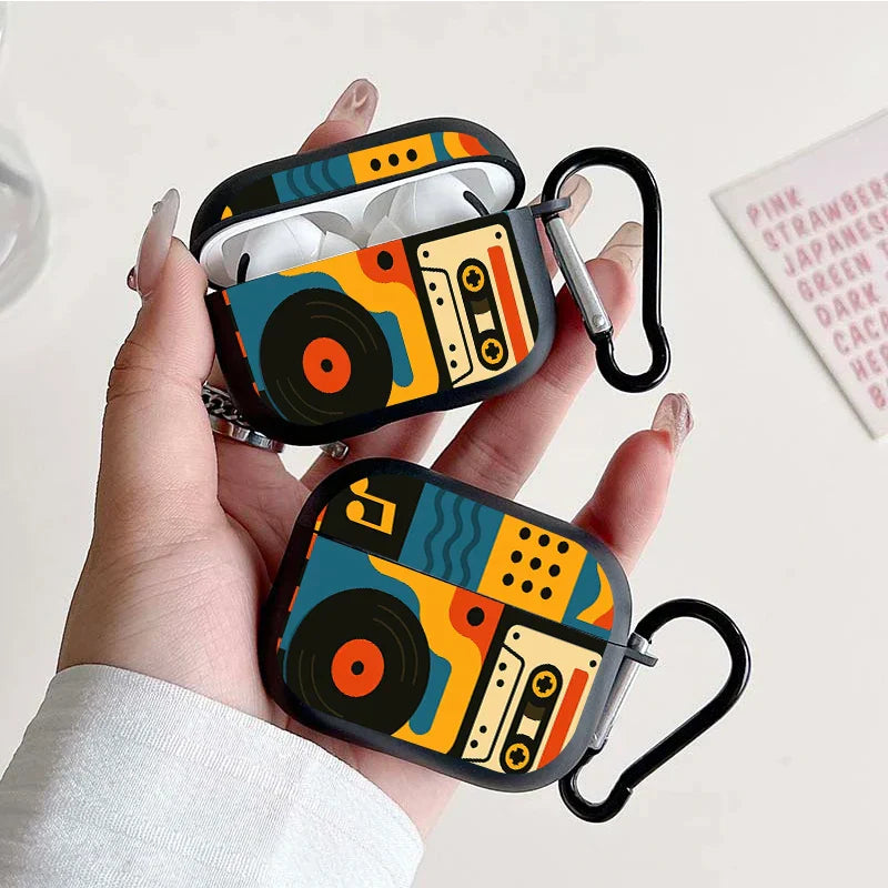 Trendy retro music pattern silicone AirPods case with vibrant cassette and vinyl design and black carabiner clip
