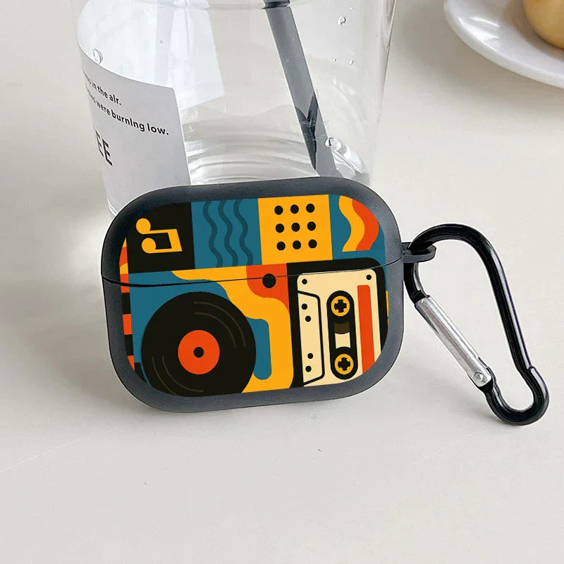 Matte black silicone airpods case with vibrant trendy retro music pattern and pro tpu protective cover with carabiner clip