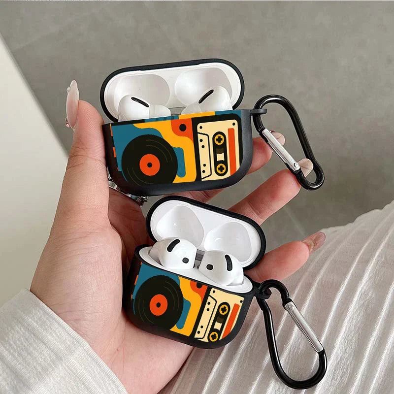 Vibrant retro music pattern earbuds case for airpods made of pro tpu protective silicone with black carabiner clip