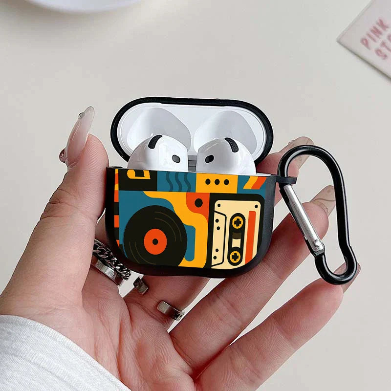 A vibrant colorful trendy retro music pattern earbuds case for AirPods Pro made of TPU with keychain and cassette design