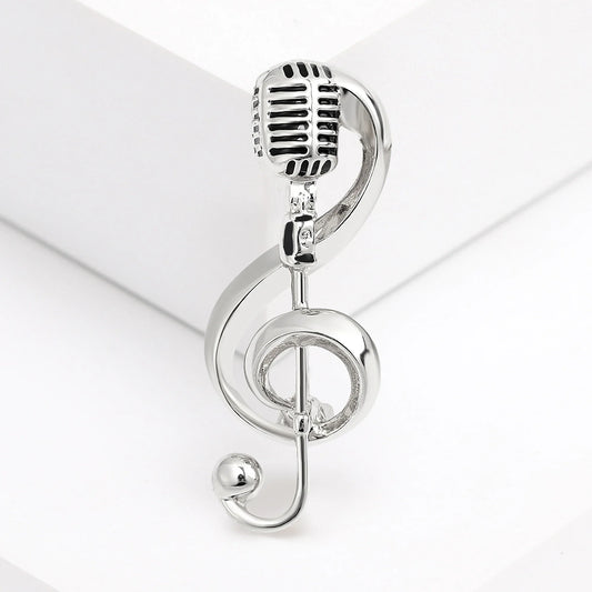 Silver smooth notes brooch featuring a polished treble clef and unisex music microphones design for gifts jewelry accessories