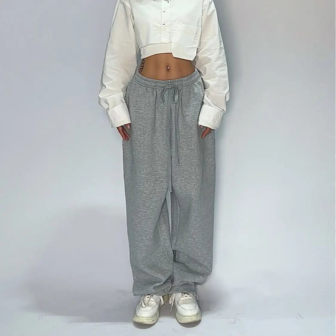 Gray heathered women hip hop joggers with drawstring waistband and wide leg street dance comfortable fit