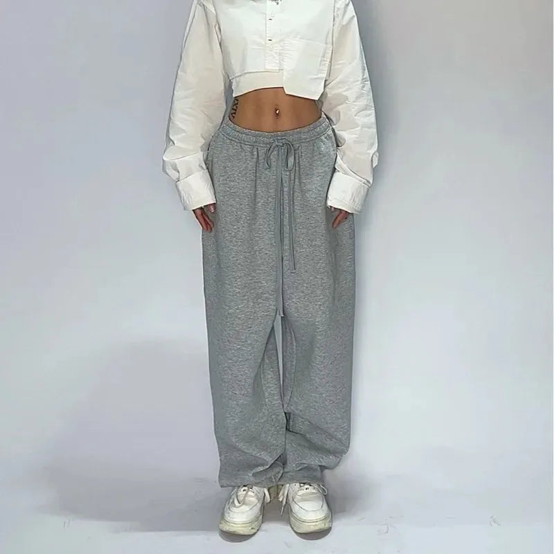 Gray heathered women hip hop joggers with drawstring waistband and relaxed wide leg street dance style