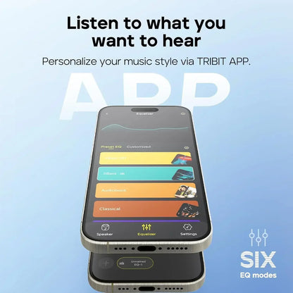 A sleek silver smartphone displaying a colorful equalizer app next to the ipx7 waterproof tribit stormbox with 34w powerful sound