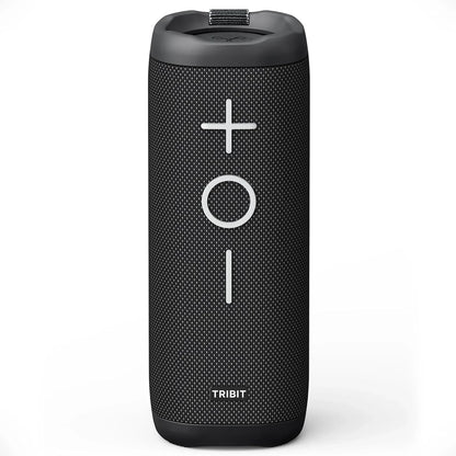 Black textured tribit stormbox portable bluetooth speaker with silver volume controls and ipx7 waterproof design