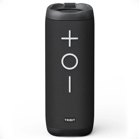 Black textured tribit stormbox portable bluetooth speaker with silver volume controls and ipx7 waterproof design