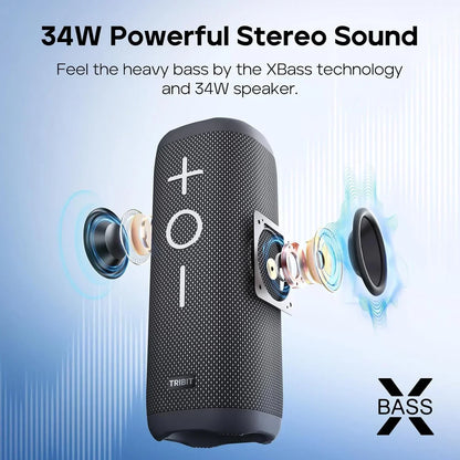 Black textured tribit stormbox 2 portable bluetooth speaker with 34w powerful sound and ipx7 waterproof rating