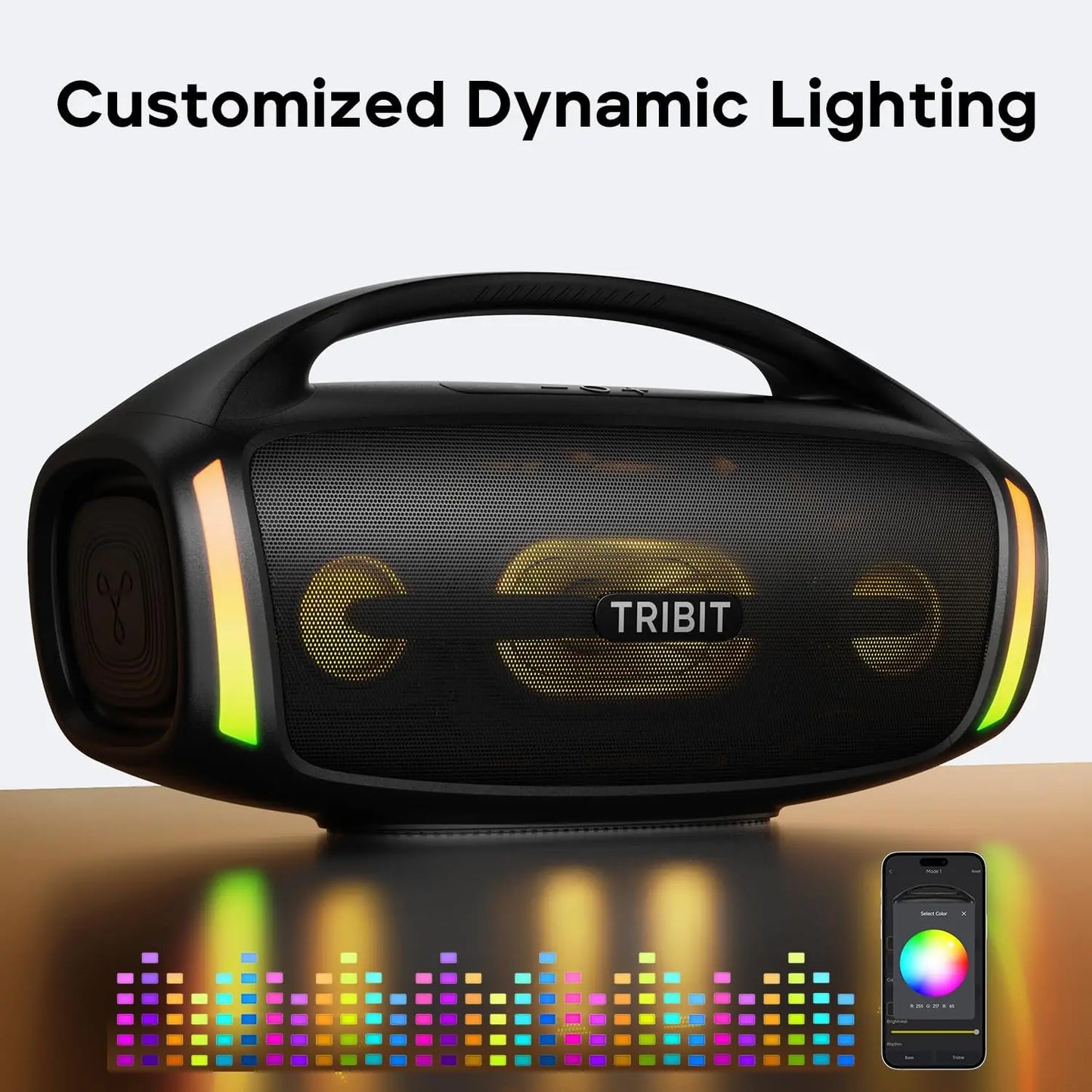 Black tribit stormbox blast 2 Bluetooth speaker with 200W power subwoofer handle and customizable dynamic lighting