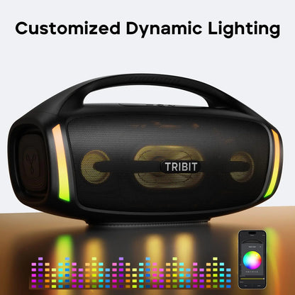 Black tribit stormbox blast 2 Bluetooth speaker with 200W power subwoofer handle and customizable dynamic lighting