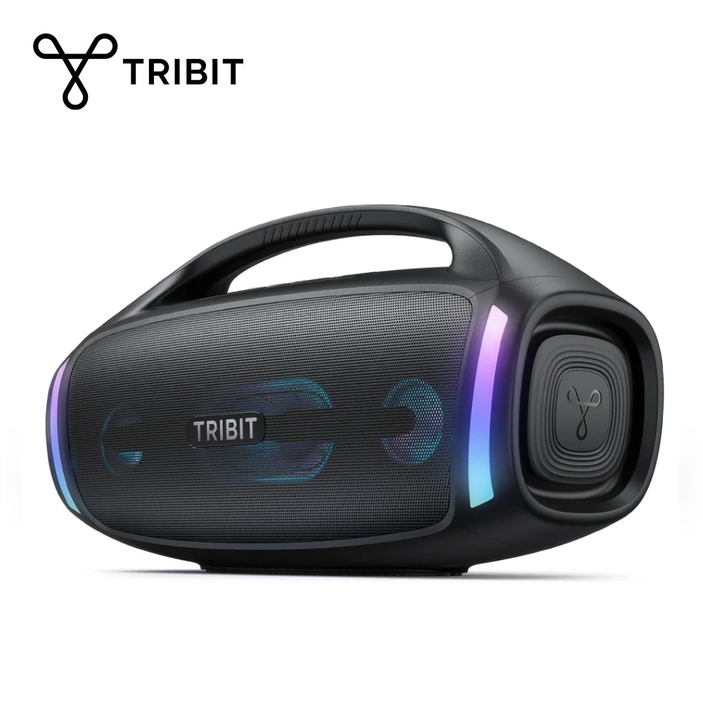Black tribit stormbox blast 2 portable bluetooth speaker with 200w, rgb lighting, subwoofer, and retro boombox design