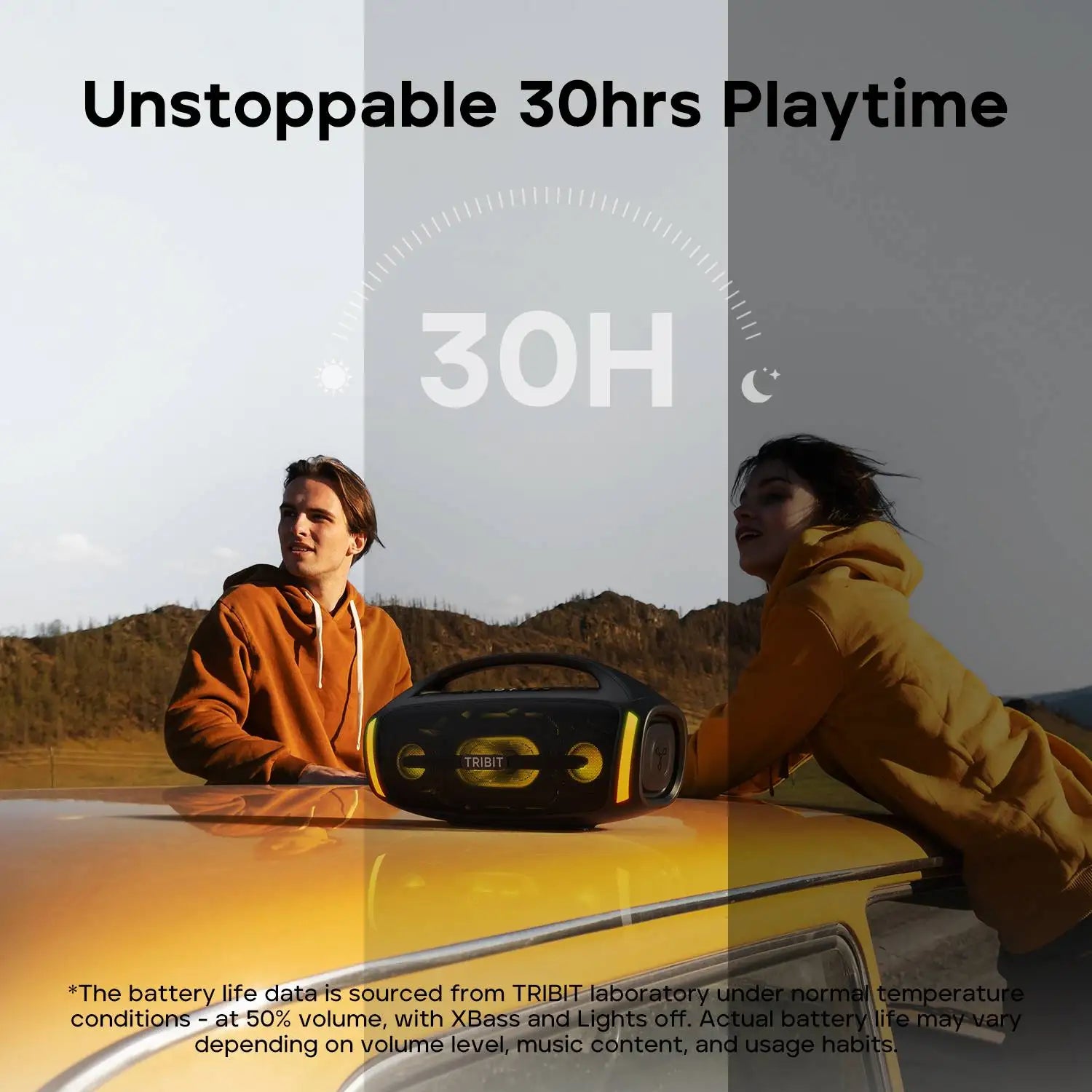 Black and yellow tribit stormbox blast portable speaker with retro boombox design and 200w power for outdoor use