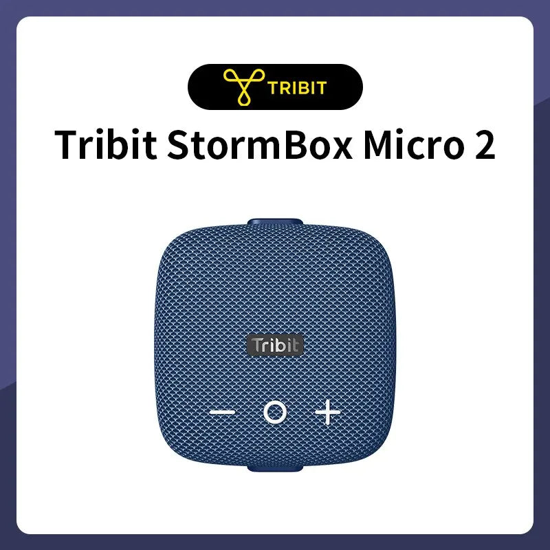 Blue tribit stormbox micro 2 portable speaker with textured fabric exterior and control buttons ip67 waterproof for outdoor activities