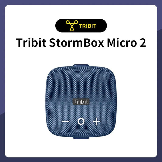 Blue tribit stormbox micro 2 portable speaker with textured fabric exterior and control buttons ip67 waterproof for outdoor activities