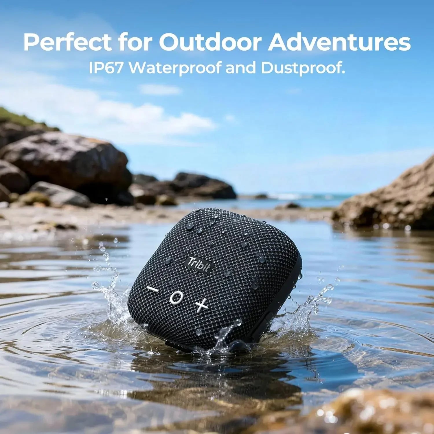Black tribit stormbox micro 2 portable speaker with textured mesh exterior and ip67 waterproof design for outdoor activities