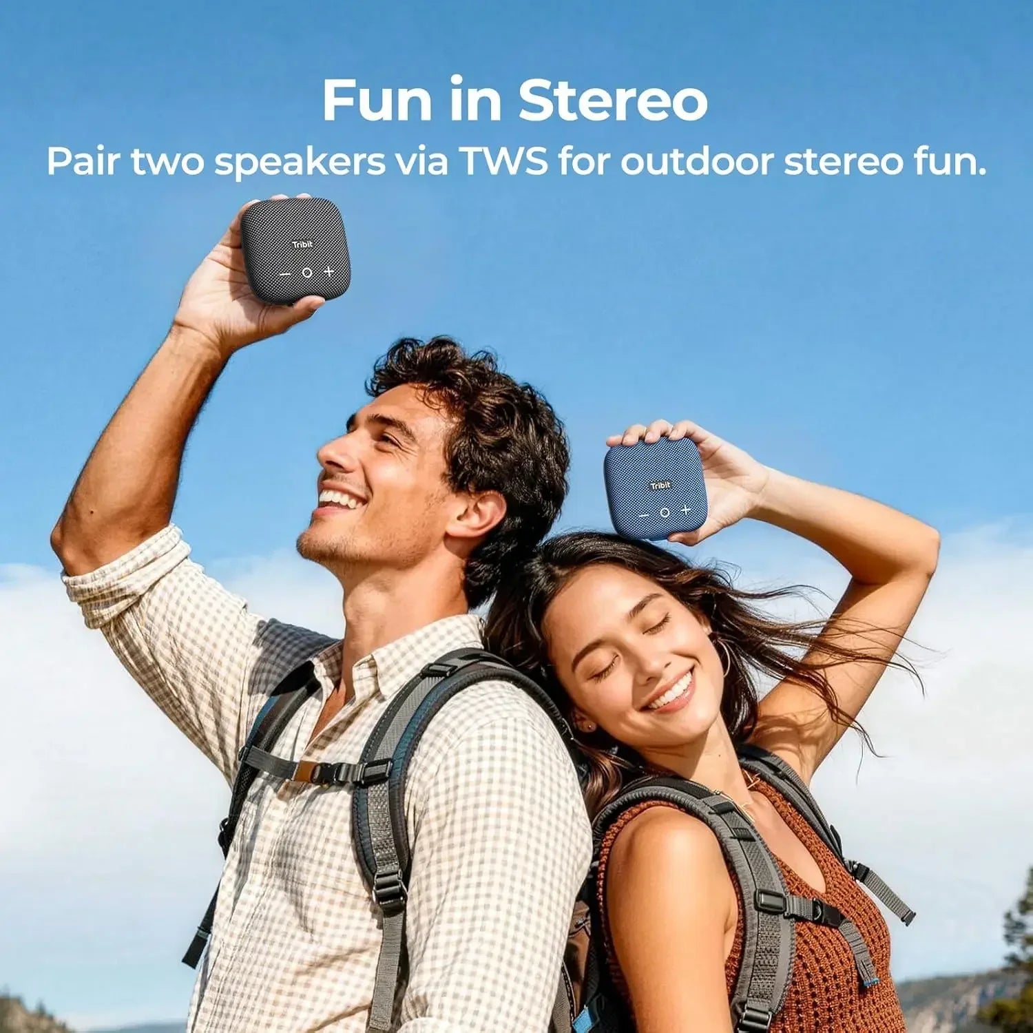 Black textured tribit stormbox micro 2 tws wireless speaker with minimalist buttons ip67 waterproof for outdoor activities