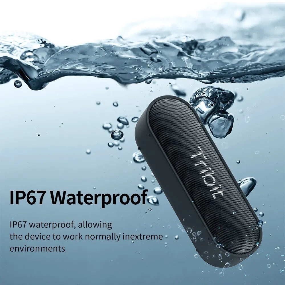 Black tribit xsound portable bluetooth speaker with textured surface and type-c aux partially submerged in water with 24-hour playtime