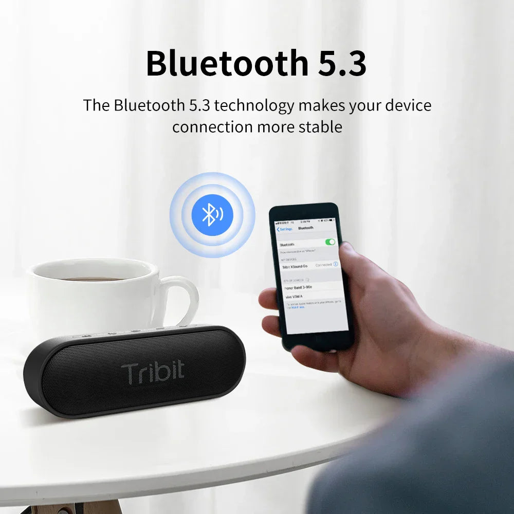 Black tribit xsound go portable bluetooth speaker with textured surface type-c aux and 24-hour playtime for parties