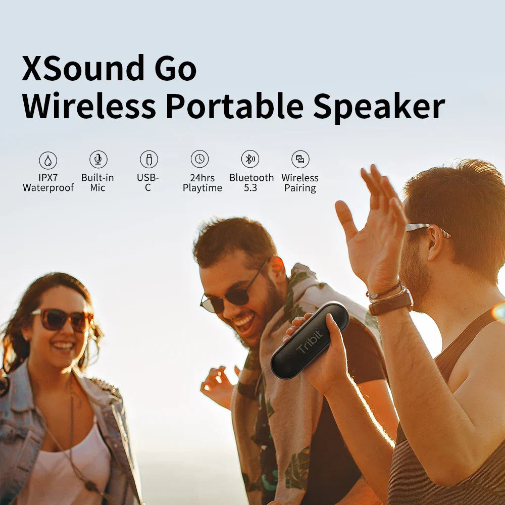 Black tribit xsound go portable bluetooth speaker with sleek oval design featuring 24-hour playtime type-c aux ports