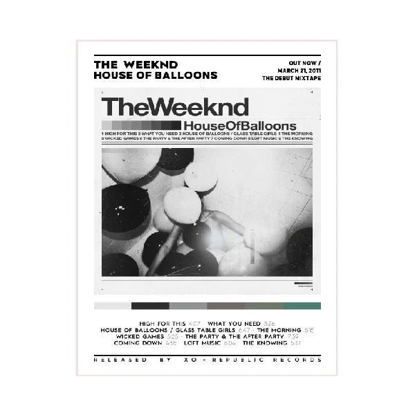 Black and white wall art poster of the weeknd house of balloons mixtape hands holding balloons for home decor