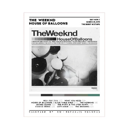 Black and white wall art poster of the weeknd house of balloons mixtape hands holding balloons for home decor